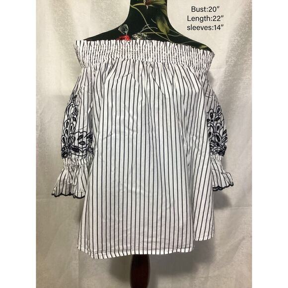 Chico’s off-shoulder slim blue stripe blouse - Picture 1 of 4